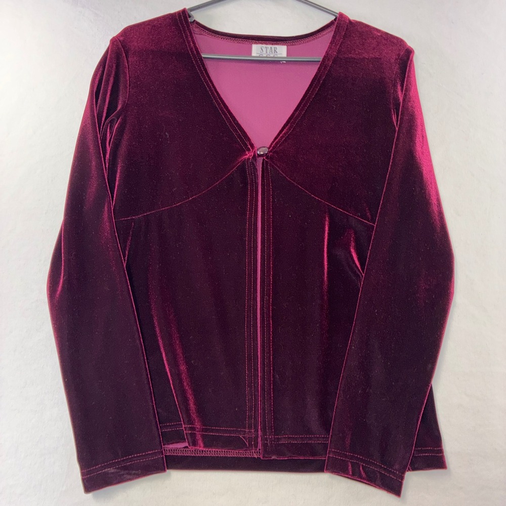 413 Star City Clothing Co Velvet Cardigan Top M Burgundy V-Neck 90s